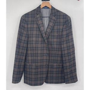 Stafford Signature Brown Plaid Sportscoat Blazer Sz 42R Slim Fit 100% Wool Flaw